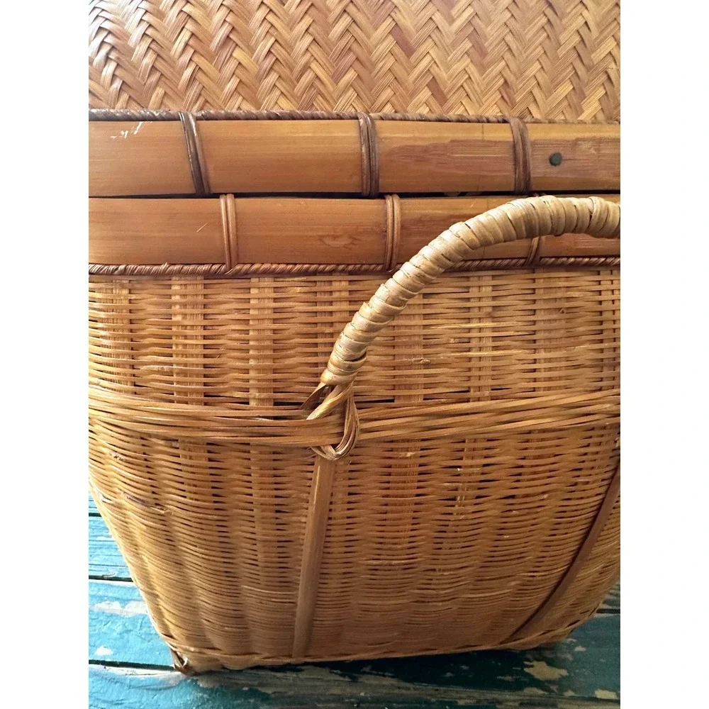 Vintage Woven Bamboo Picnic Basket Domed Lid Trunk Storage Hamper Boho Decor